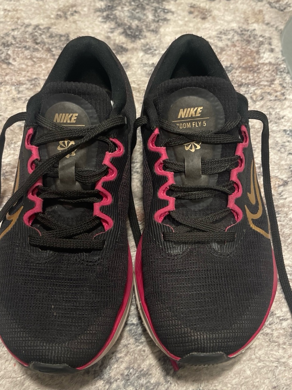 Nike Women's Black & Pink Zoom Fly 5 Running Sneakers with Gold Swoosh
